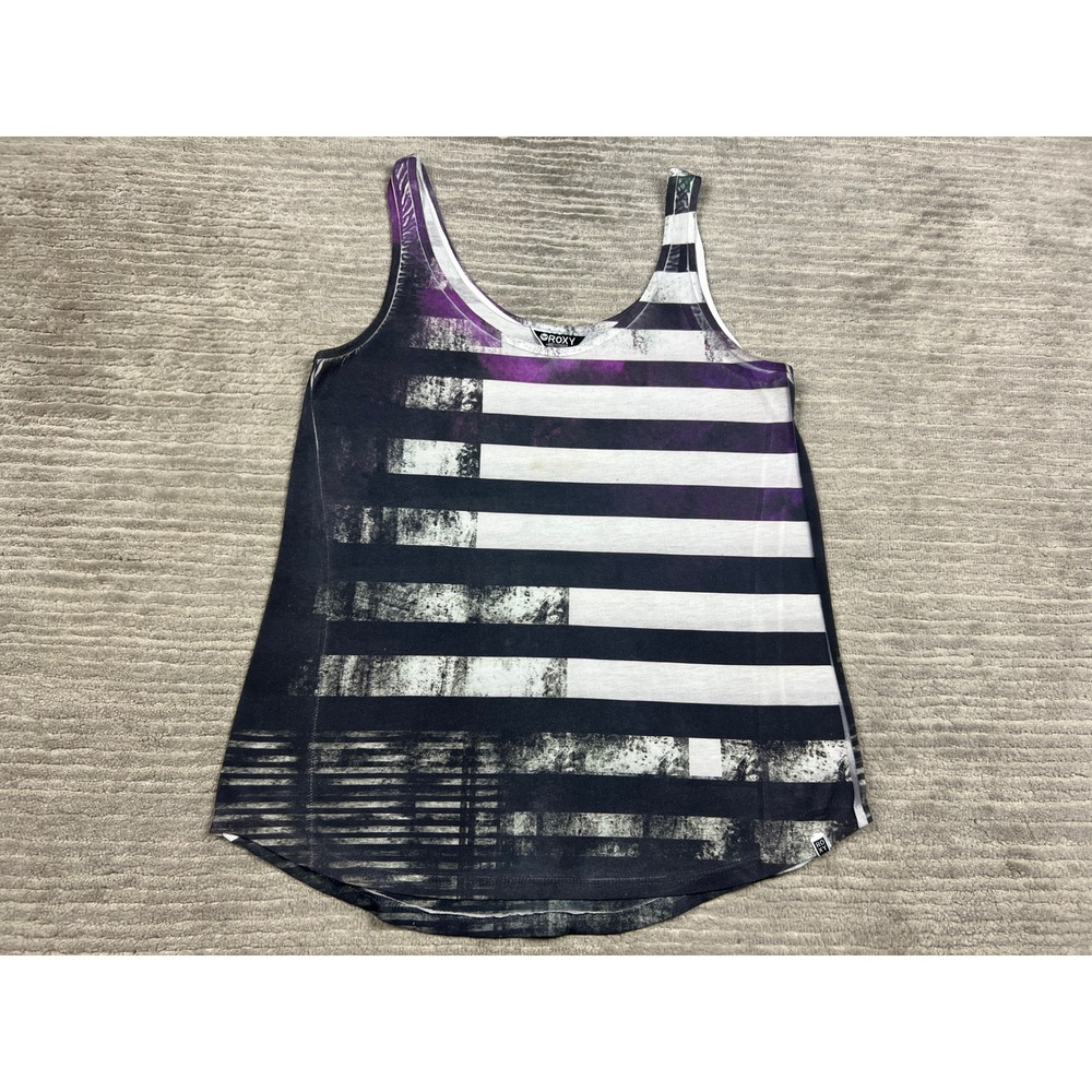 Roxy Tank Top Womens Small Black White Purple Striped Graphic Surf Scoop Neck
